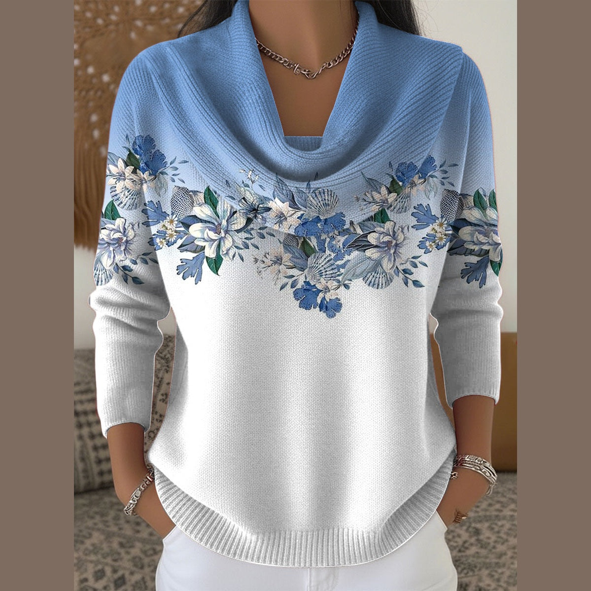 Elowen | Floral Cowl-Neck Knit Pullover