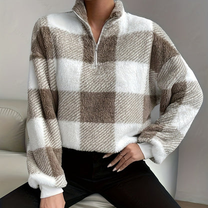 Hazel – Buffalo Plaid Off-Shoulder Half-Zip Knit Sweater
