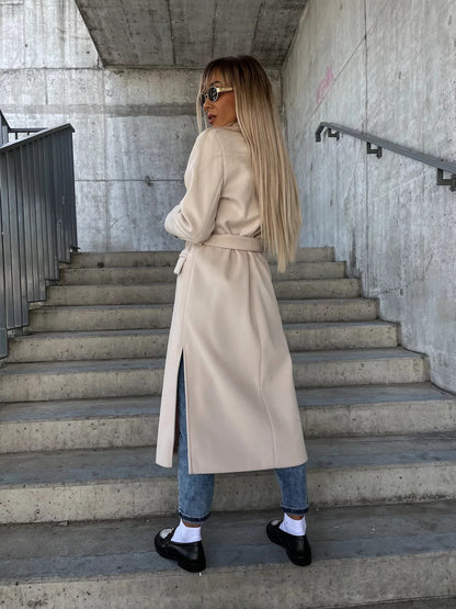Clara – Double-Breasted Lapel Belted Long Coat