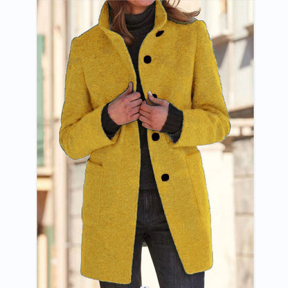 Elise – Stand Collar Woolen Button Coat with Pockets