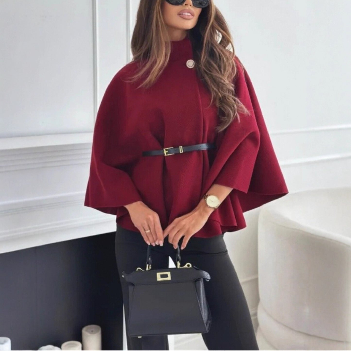 Serena – Stand Collar Batwing Sleeve Cloak Jacket with Belt