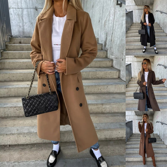 Clara – Double-Breasted Lapel Belted Long Coat
