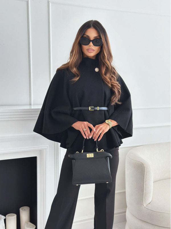 Serena – Stand Collar Batwing Sleeve Cloak Jacket with Belt