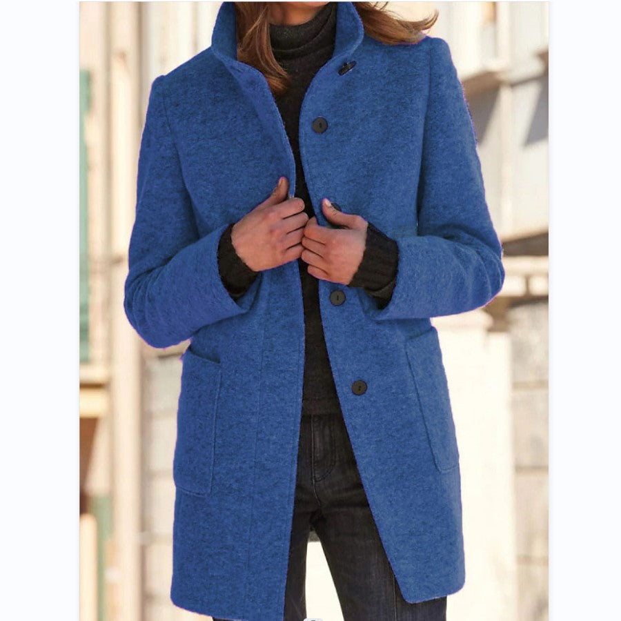 Elise – Stand Collar Woolen Button Coat with Pockets