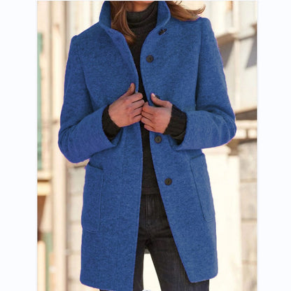 Elise – Stand Collar Woolen Button Coat with Pockets