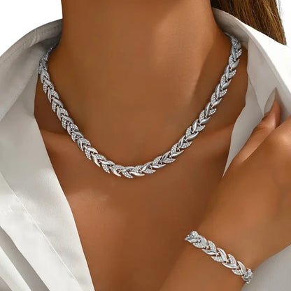 Elara | Leaf Rhinestone Necklace & Bracelet Set