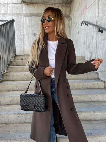 Clara – Double-Breasted Lapel Belted Long Coat