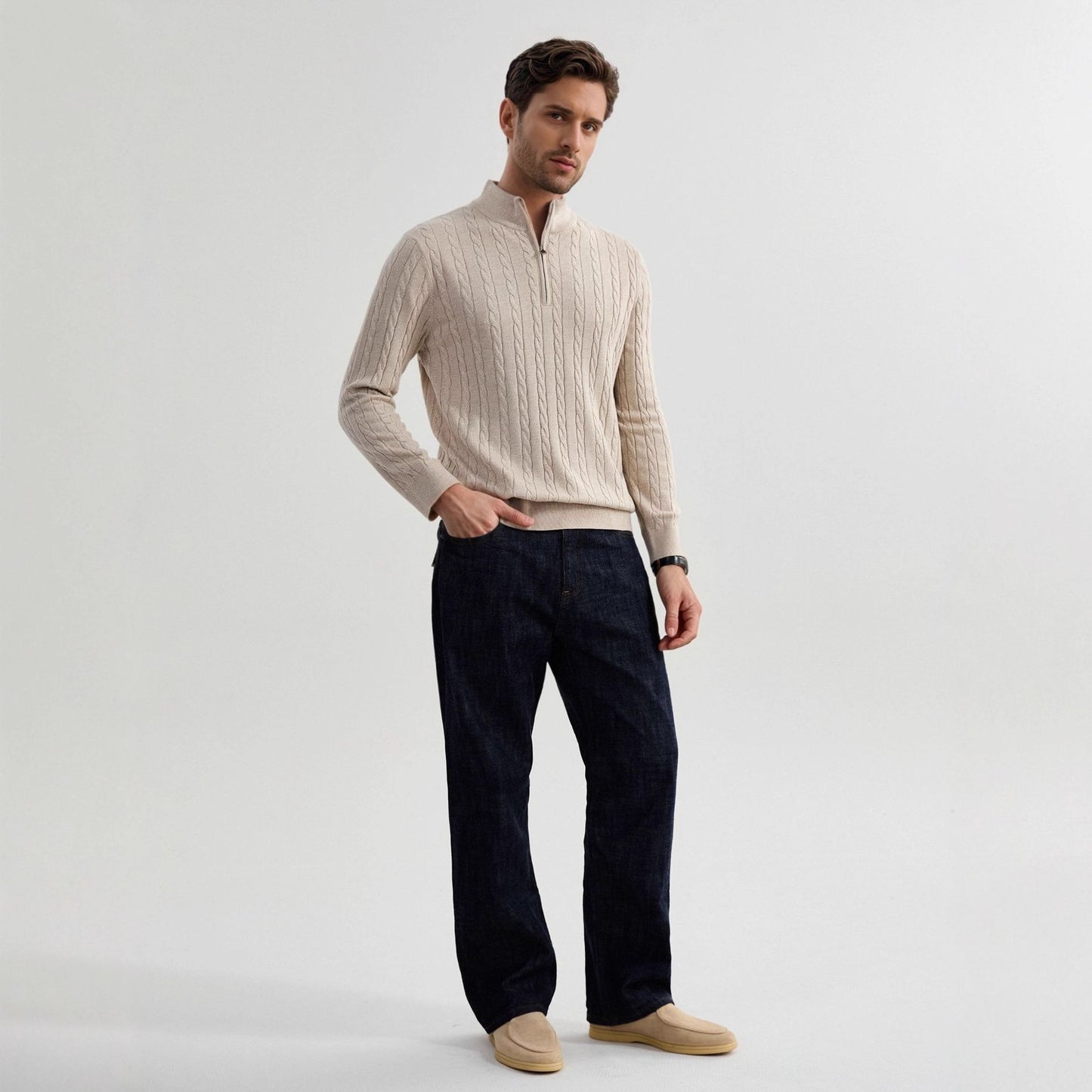 Julian – American Old-Money Stand Collar Twisted Knit Zip Sweater