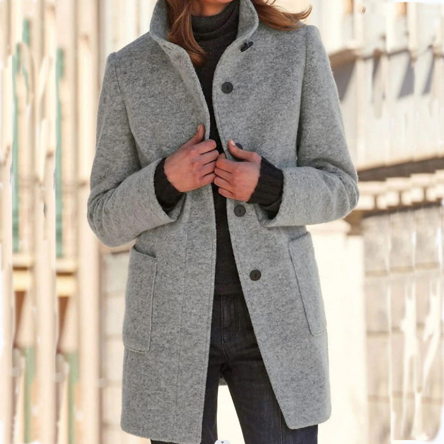 Elise – Stand Collar Woolen Button Coat with Pockets