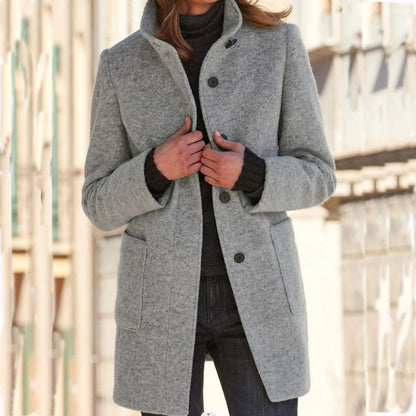 Elise – Stand Collar Woolen Button Coat with Pockets