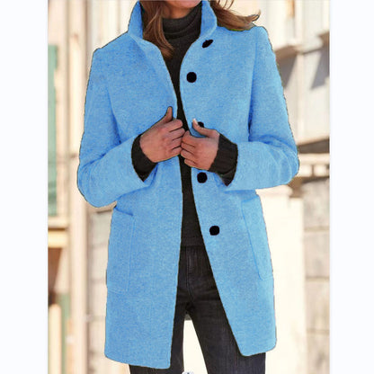 Elise – Stand Collar Woolen Button Coat with Pockets