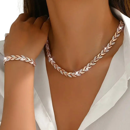 Elara | Leaf Rhinestone Necklace & Bracelet Set