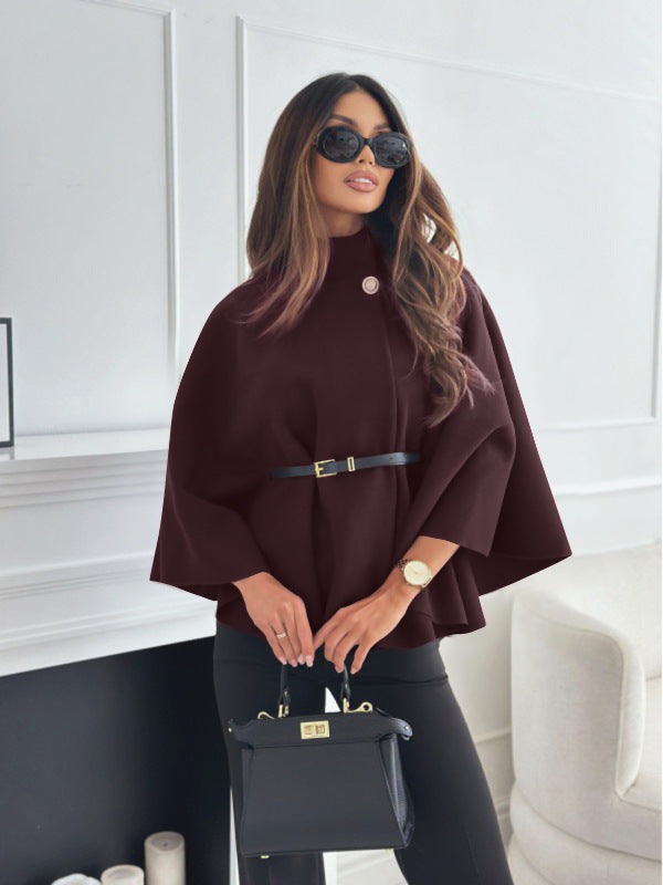 Serena – Stand Collar Batwing Sleeve Cloak Jacket with Belt