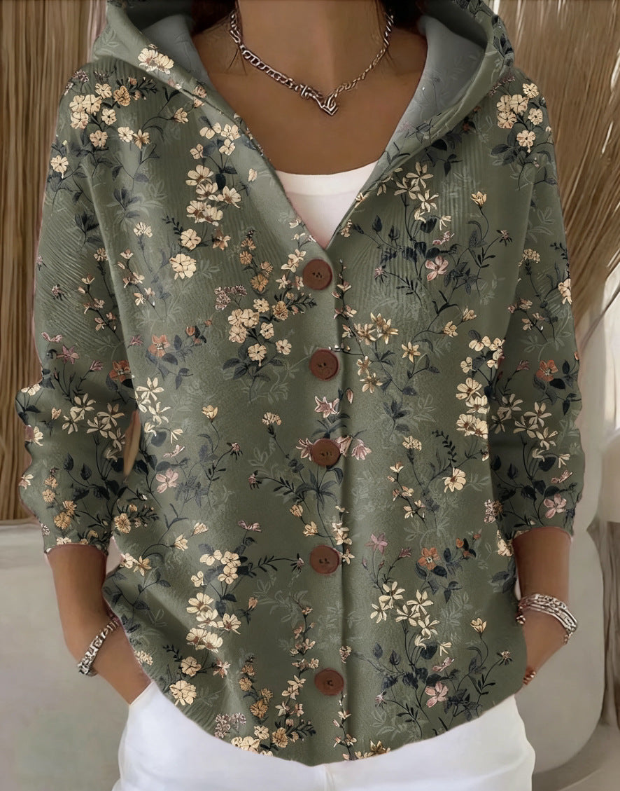 Rosalie | Button-Down Floral Knit Hooded Cardigan