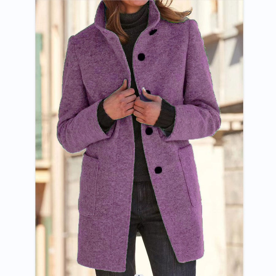Elise – Stand Collar Woolen Button Coat with Pockets