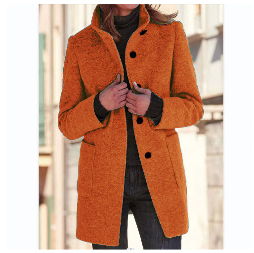 Elise – Stand Collar Woolen Button Coat with Pockets