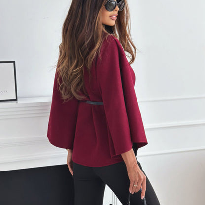 Serena – Stand Collar Batwing Sleeve Cloak Jacket with Belt