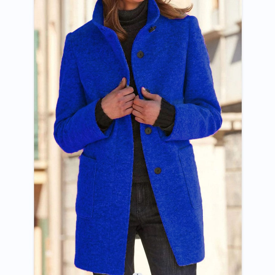 Elise – Stand Collar Woolen Button Coat with Pockets