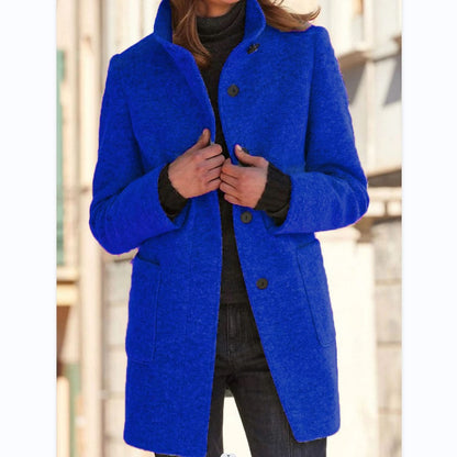 Elise – Stand Collar Woolen Button Coat with Pockets