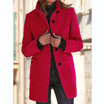 Elise – Stand Collar Woolen Button Coat with Pockets