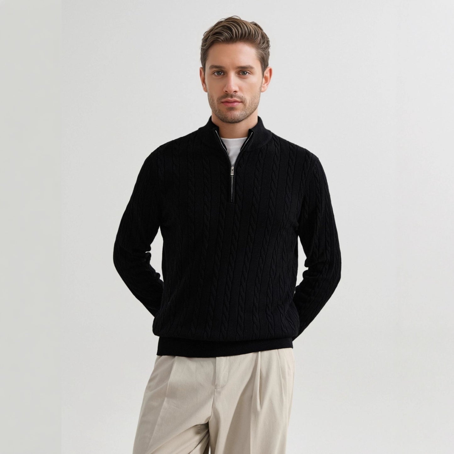 Julian – American Old-Money Stand Collar Twisted Knit Zip Sweater