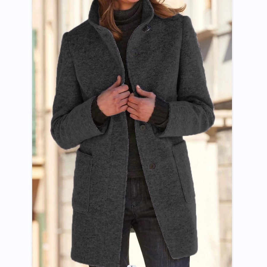 Elise – Stand Collar Woolen Button Coat with Pockets