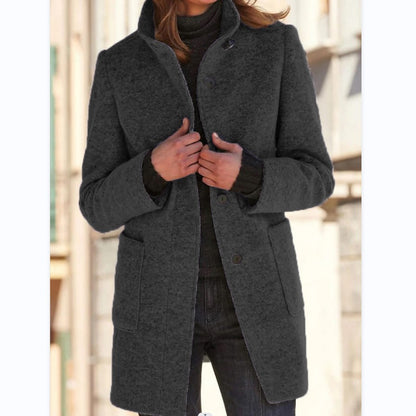 Elise – Stand Collar Woolen Button Coat with Pockets