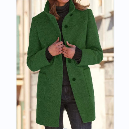 Elise – Stand Collar Woolen Button Coat with Pockets