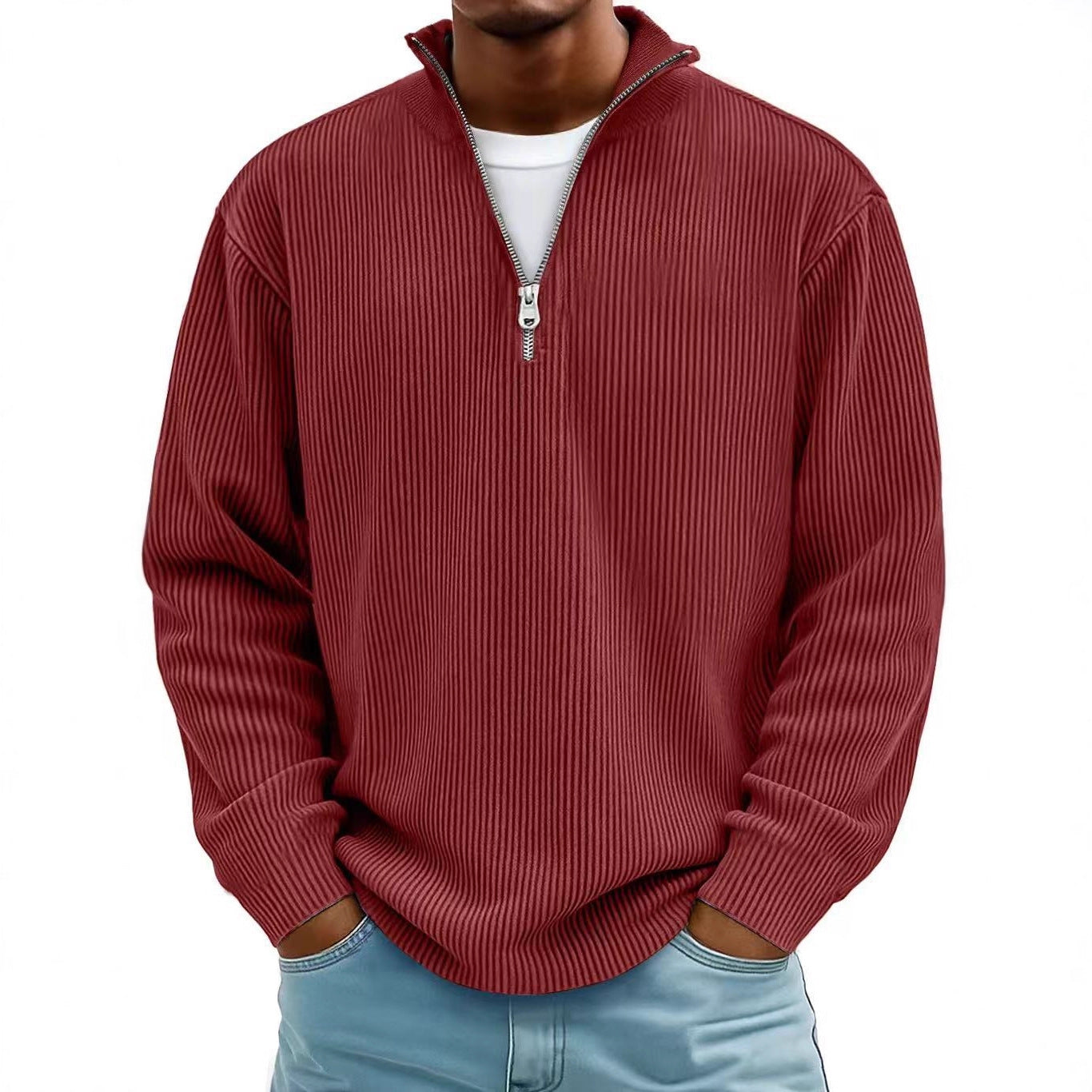 Evan – Corduroy Half-Zip Stand Collar Sweatshirt