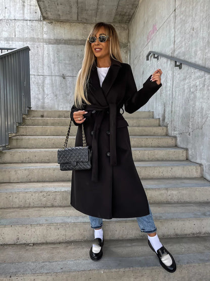 Clara – Double-Breasted Lapel Belted Long Coat