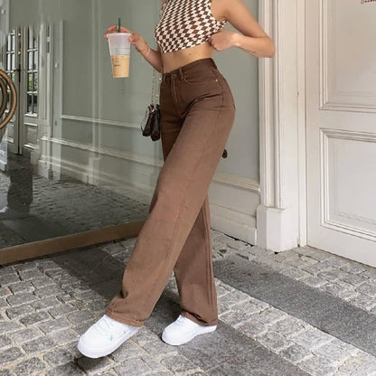 Hazel – Retro American High-Waist Brown Straight-Leg Jeans