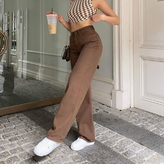 Hazel – Retro American High-Waist Brown Straight-Leg Jeans