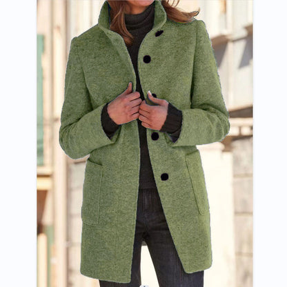 Elise – Stand Collar Woolen Button Coat with Pockets
