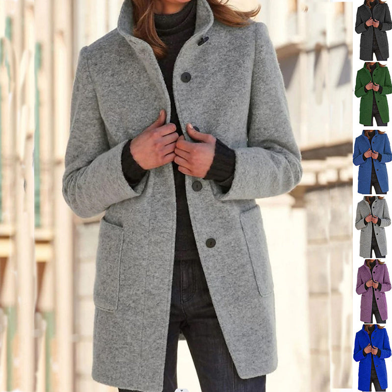 Elise – Stand Collar Woolen Button Coat with Pockets