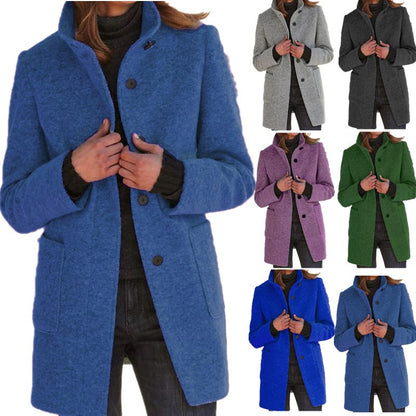 Elise – Stand Collar Woolen Button Coat with Pockets