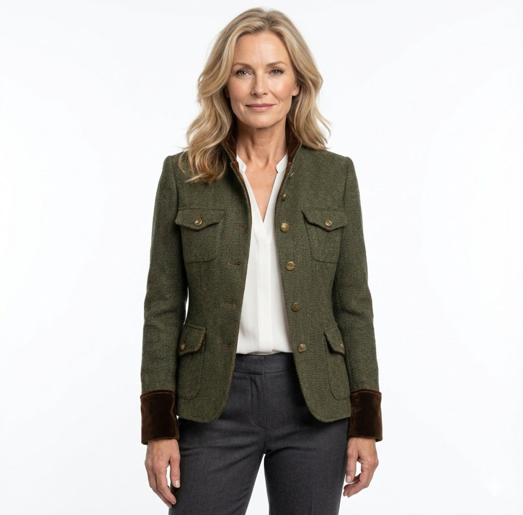 Briony | Herringbone Tweed Blazer with Velvet Trim