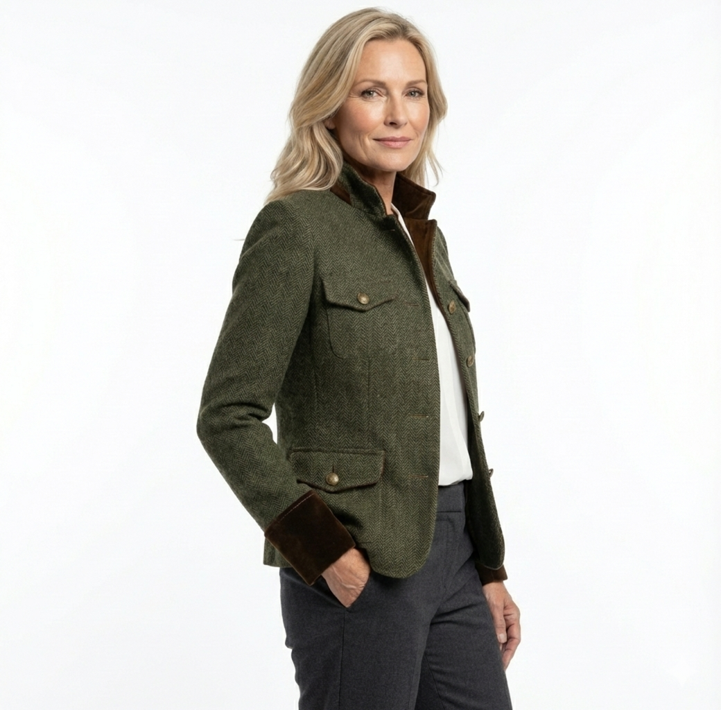 Briony | Herringbone Tweed Blazer with Velvet Trim